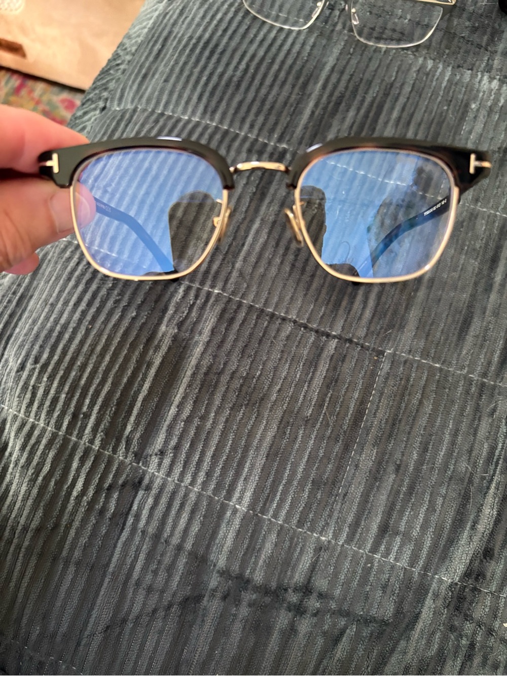 Tom Ford Black and Gold Semi-Rimless Glasses with Blue Lenses